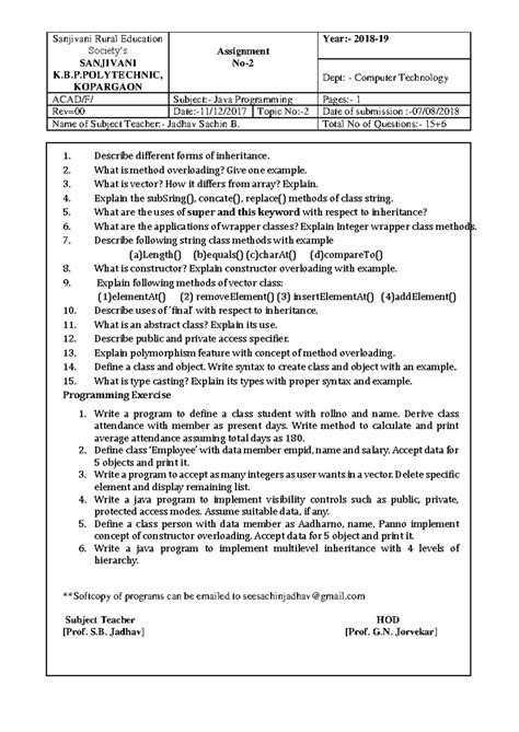 Java programming Assignment-no2-java - Sanjivani Rural Education ...