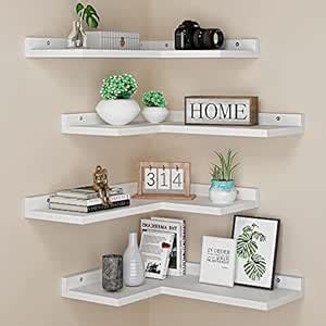 4 Tier Floating Corner Shelves White Set of 4, Rustic Pine Wooden ...