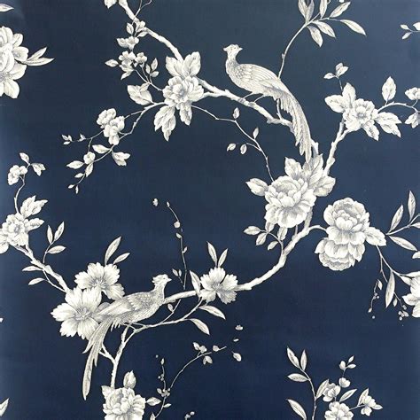 Buy World of Wallpaper Chinoise Birds Floral Wallpaper (Navy Blue ...