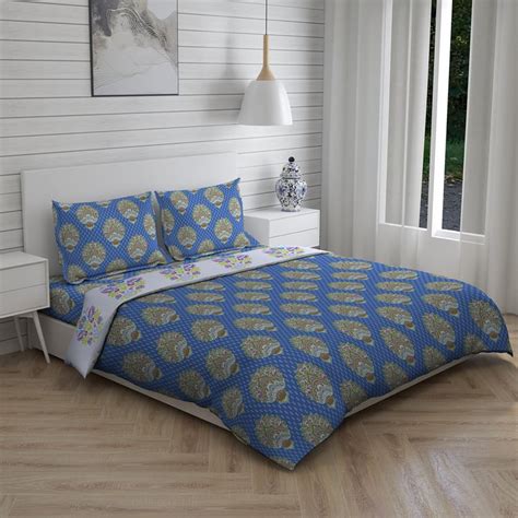 Buy LAYERS Marsala Blue Printed Cotton Super King Size Bed-In-A-Bag Set ...