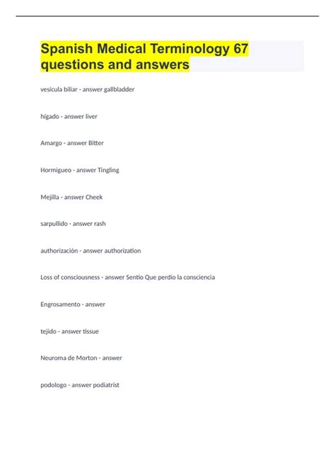 Spanish Medical Terminology |67 questions and answers - MEDICAL ...