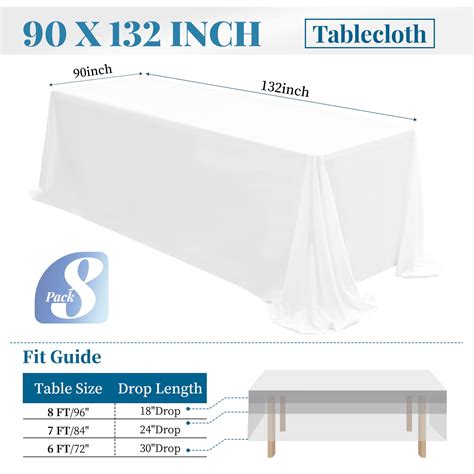 8 Packs 90 x 132 Inch Tablecloth, White Polyester Table Cloth for 8ft ...