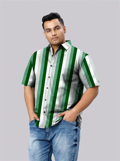 Buy Green Stripe Cotton Linen Plus Size Half Sleeve Shirt | Guniaa