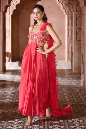 Buy Coral Viscose Crepe Embroidered Sweetheart Ruffle Draped Gown For ...
