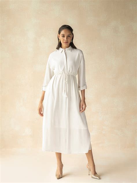 Off White Crinkled Shirt Maxi Dress