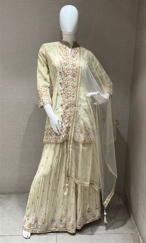 Cream Floral Embroidered Sharara set