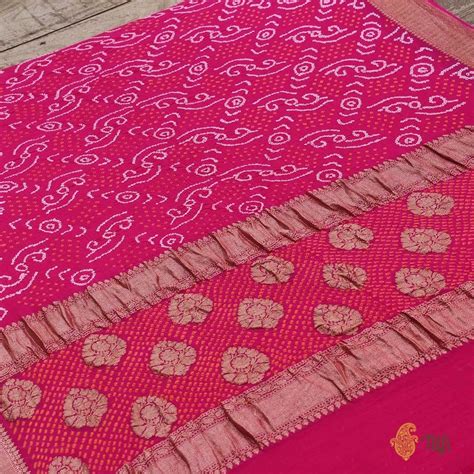 Indian Pink Pure Georgette Banarasi Bandhani Handloom Saree - Tilfi