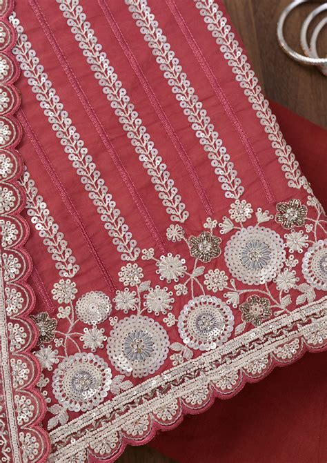 Buy Rust Threadwork Tissue Unstitched Salwar Suit - Koskii