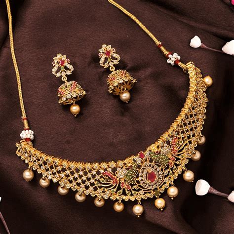 Estele Gold Plated CZ Peacock Designer Bridal Necklace Set