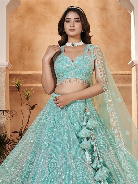 Designer Wear Sky Blue Net Embroidered Work Umbrella Lehenga Coli - VJV ...
