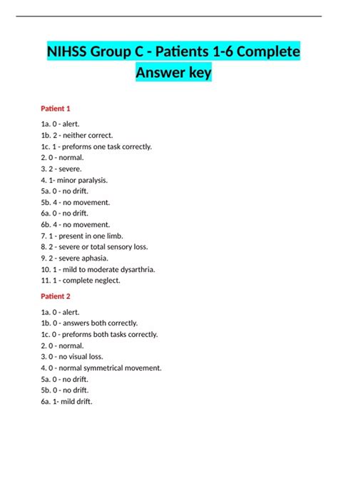NIHSS Group C - Patients 1-6 Complete Answer key - NIH Stroke Scale ...