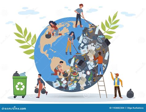 People Clean Planet. Globe In Mountain Of Garbage From Plastic Bottles Waste Dishes, Women And ...