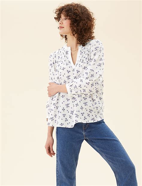 Buy Floral V-Neck 3/4 Sleeve Popover Blouse at Marks & Spencer