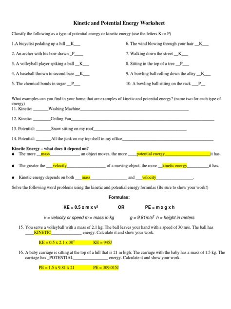 Image result for Kinetic Energy Worksheet Answer Key