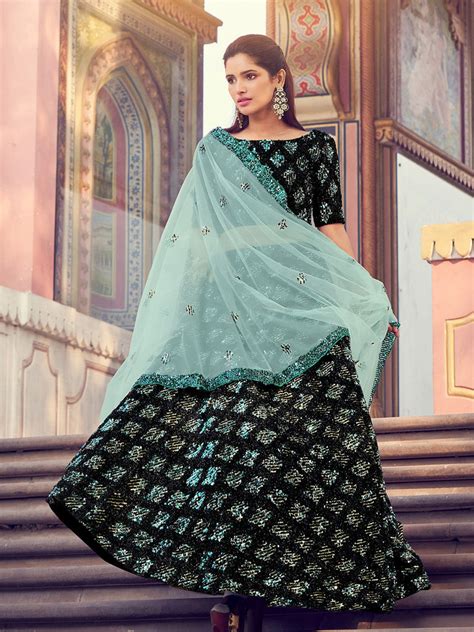 Black Elegant Semi Stitched Lehenga With Unstitched Blouse