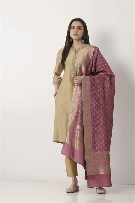 Buy Pink & Gold Toned Art Silk Geometric Woven Online at Biba India