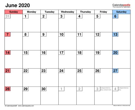 June 2020 Calendar | Templates for PDF, Excel and Word