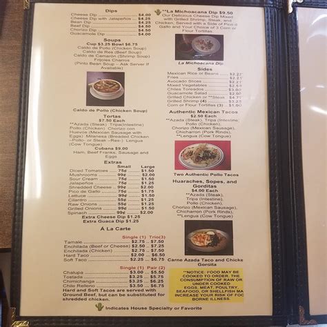 Menu at La Michoacana Mexican Restaurant, Hampton, Bear Creek Blvd