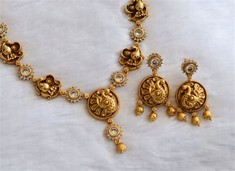 Antique gold tone cz white peacock flower necklace set dj-46200 ...