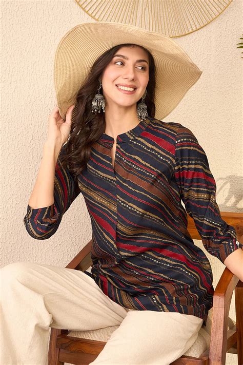 Navy Blue Cotton Blend Leheriya Printed Regular Top – Tashvi's