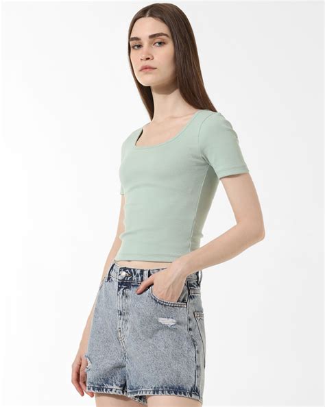 Green Ribbed Cropped T-shirt
