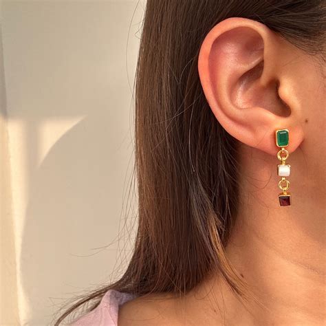 Multi-gemstone Earrings Emerald Pearl Hessonite – Gold Plated Silver