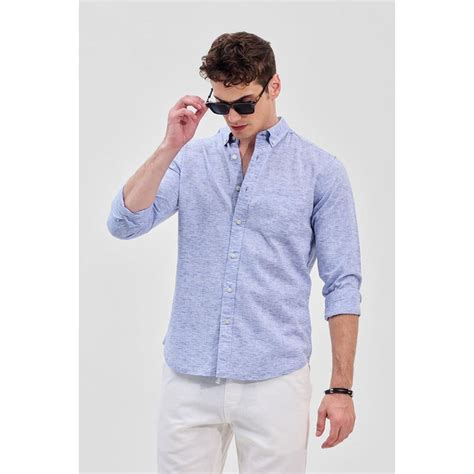 Buy Snitch Blue Self-Design Slim Fit Linen Shirt Online