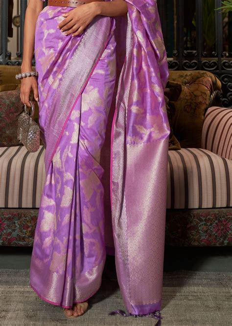 Pure Handloom Weaving Pinkish Purple Banarasi Silk Zari Saree – Sunasa