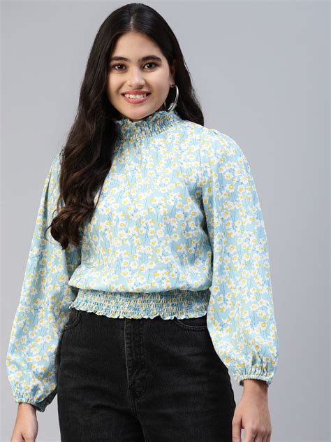 plusS Women Sea Green Floral Print Bishop Sleeves Top – pluss.in