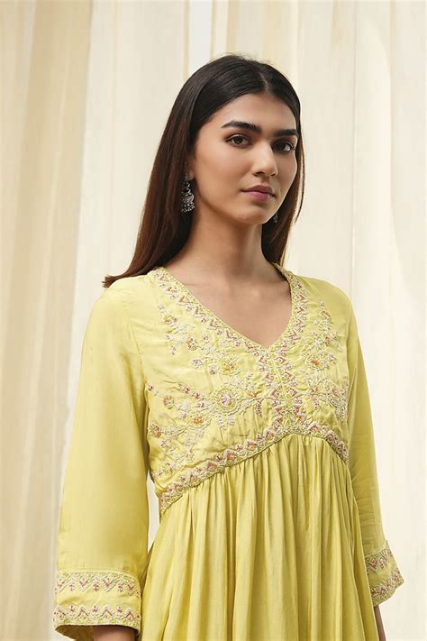 Lime Modal Blend Embroidered Gathered Suit Set at Biba India