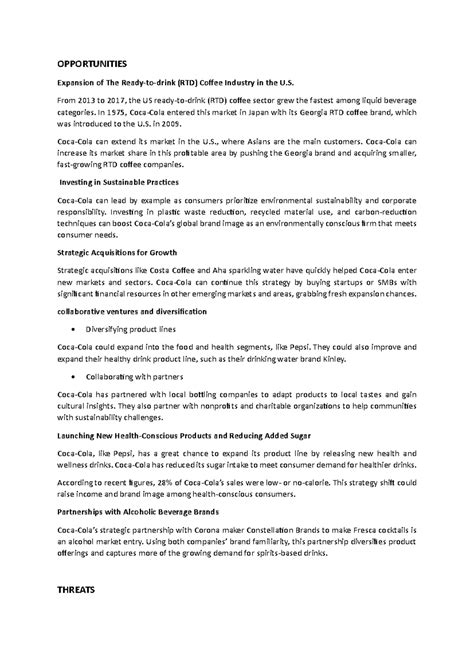 Opp and threats - OPPORTUNITIES Expansion of The Ready-to-drink (RTD ...