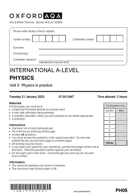 Qp 202501 Physics Unit 5 - Practice Exam Questions - Studocu