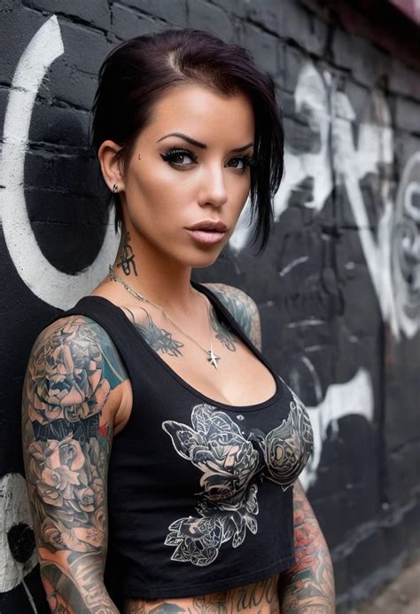 A woman with tattoos on her arms and chest standing in front of a wall - SeaArt AI