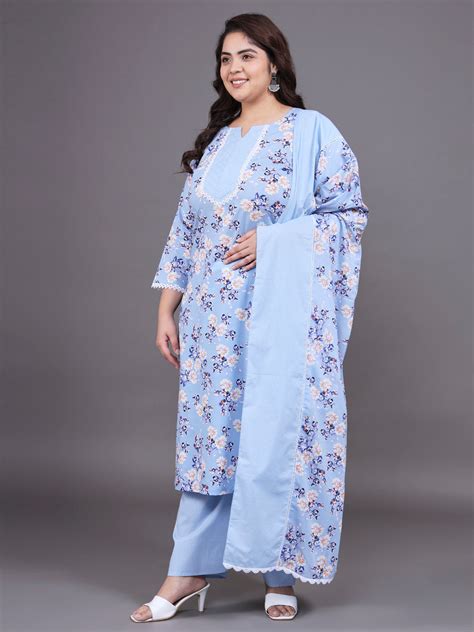 Women Plus Size Sky Blue Floral Pritned Pure Cotton Kurta With Palazzo ...