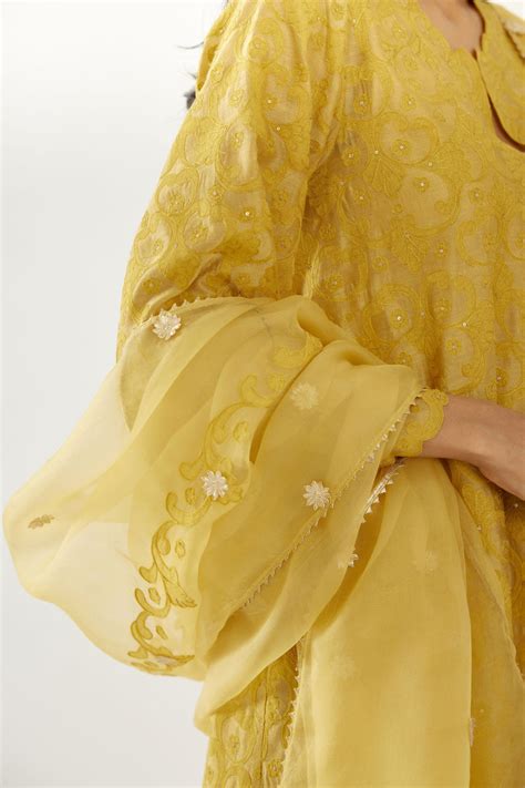 Yellow organza dupatta with silk chanderi appliqué embroidery and gota ...