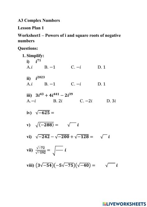 Image result for Imaginary Numbers Worksheet with Answers