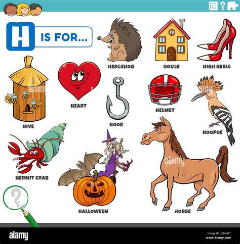 educational cartoon illustration for children with comic characters and objects set for letter H ...