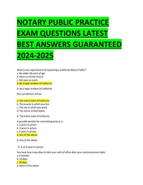 NOTARY PUBLIC PRACTICE EXAM QUESTIONS LATEST BEST ANSWERS GUARANTEED ...
