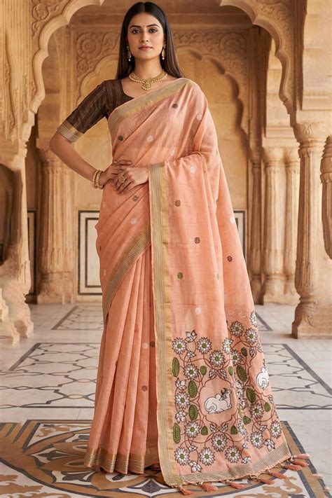 Ebullience Peach Pure Munga Cotton Silk Saree With Pleasurable Blouse ...