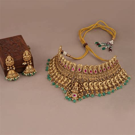 Gorgeous antique gold maa lakshmi choker necklace set for women ...