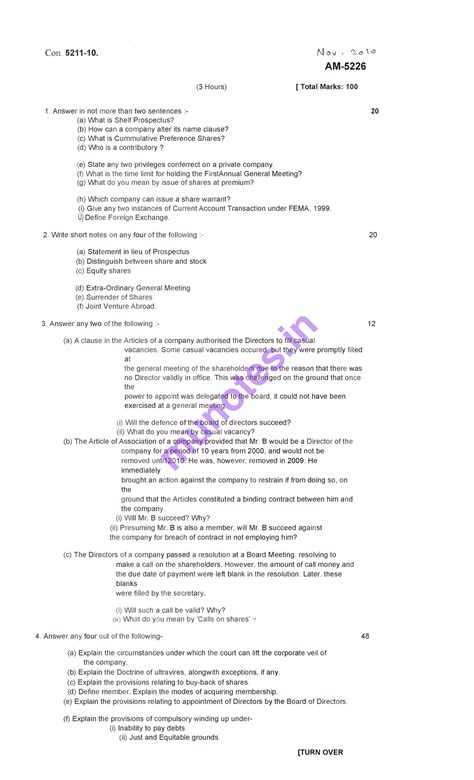 Company Law Question papers - Con. 5211-1 0. y ( 3 Hours) AM- [ Total ...