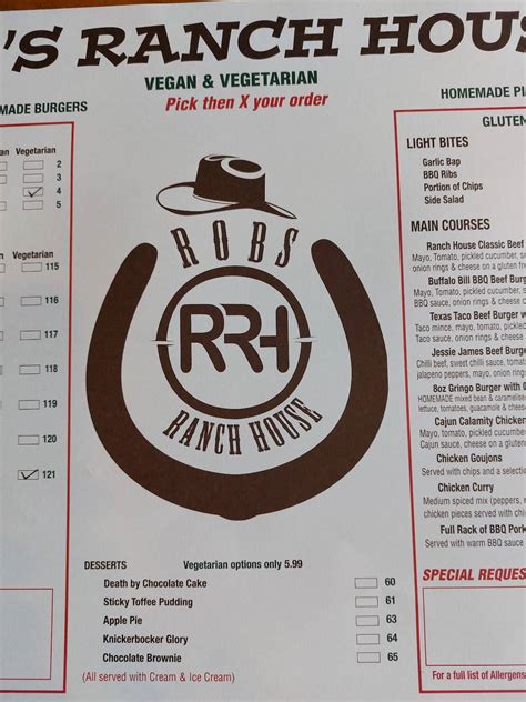 Menu at Rob's Ranch House restaurant, Athlone