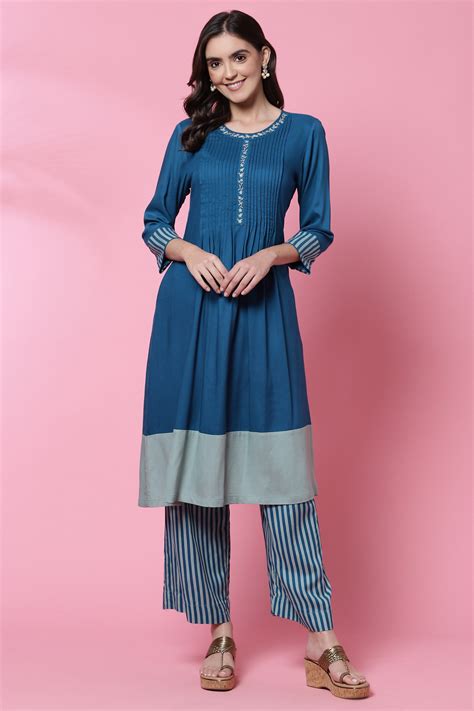 Buy Teal LIVA Flared Fusion Solid Kurta Set Online at Biba India