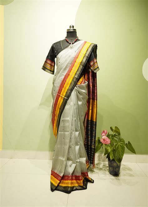 Grey Orissa ikkat Pure Silk Kathifera Border Handloom Saree – Padugu