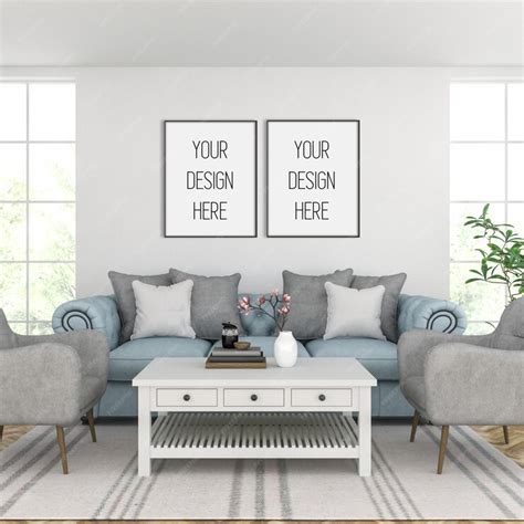 Frame mockup, living room with black double frames, classic interior ...