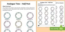 O'clock and Half Past Times - Clock Activity Worksheet