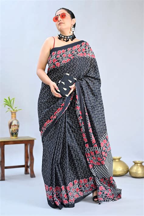 Black Color Pure Cotton Printed Handloom Saree – BharatSthali