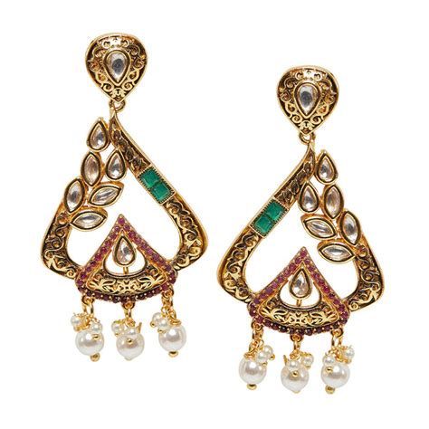Gold Plated Vintage Inspired Faux Kundan Brass Drop Earrings – VOYLLA