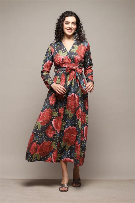 Black Cotton Blend A-Line Printed Dress at Biba India