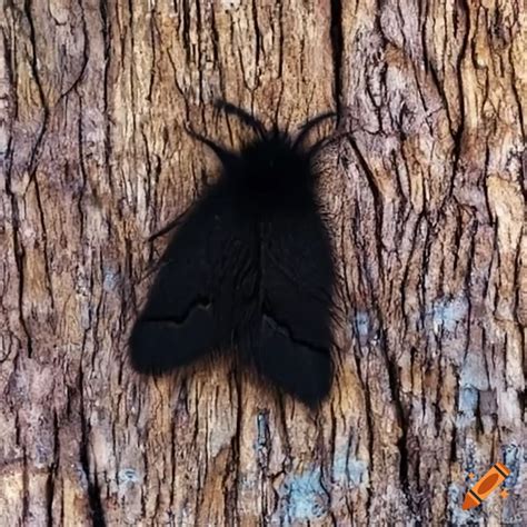 An inky black furry moth, very fluffy with big and fluffy antennae ...